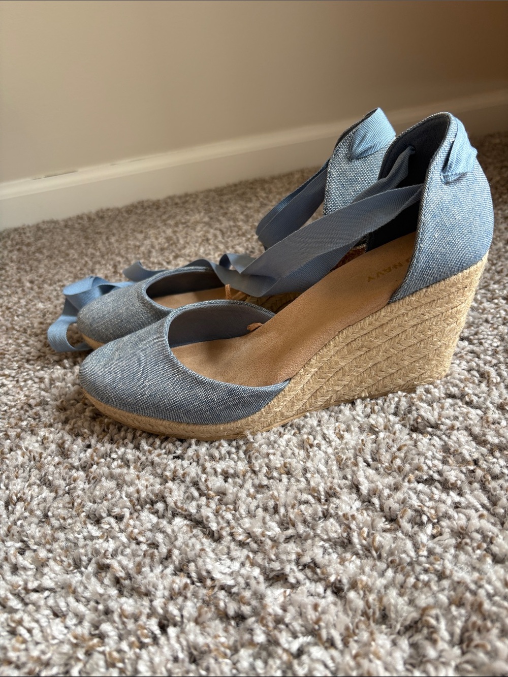 Chambray Blue Espadrille Wedge Sandals with Ankle Wrap